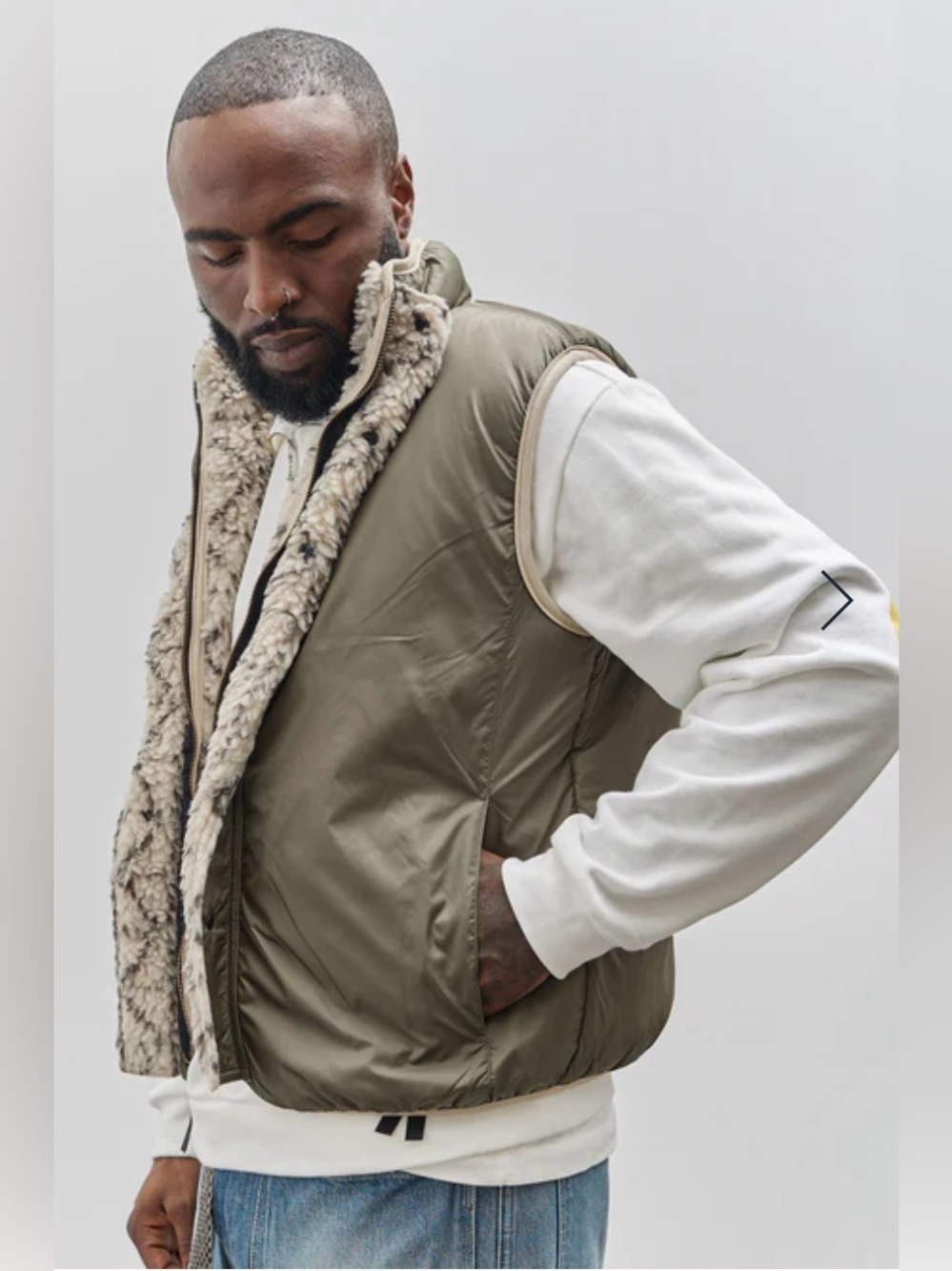 Kapital Men’s Do-Gi Sashiko Boa Fleece Reversible Vest, Ecru